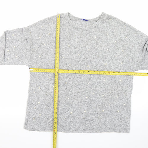 Zara Women Grey Beaded Knit Pullover Jumper Size M