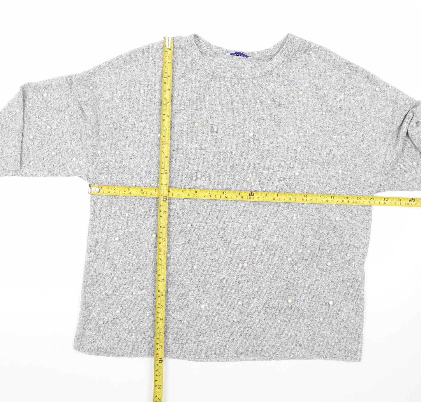 Zara Women Grey Beaded Knit Pullover Jumper Size M
