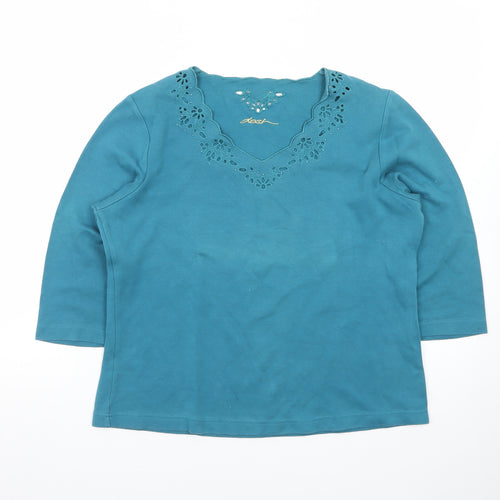 Dash Women’s Blue V-Neck Embroidered 3/4 Sleeve Pullover Jumper Size 14