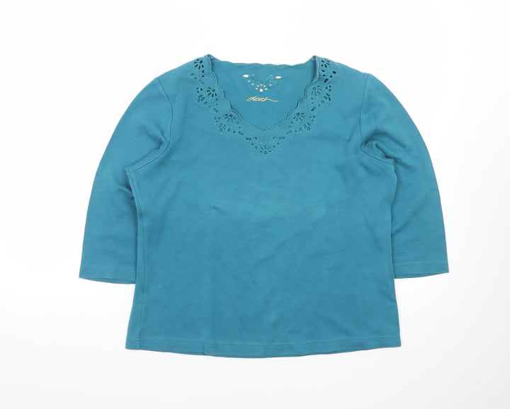 Dash Women’s Blue V-Neck Embroidered 3/4 Sleeve Pullover Jumper Size 14