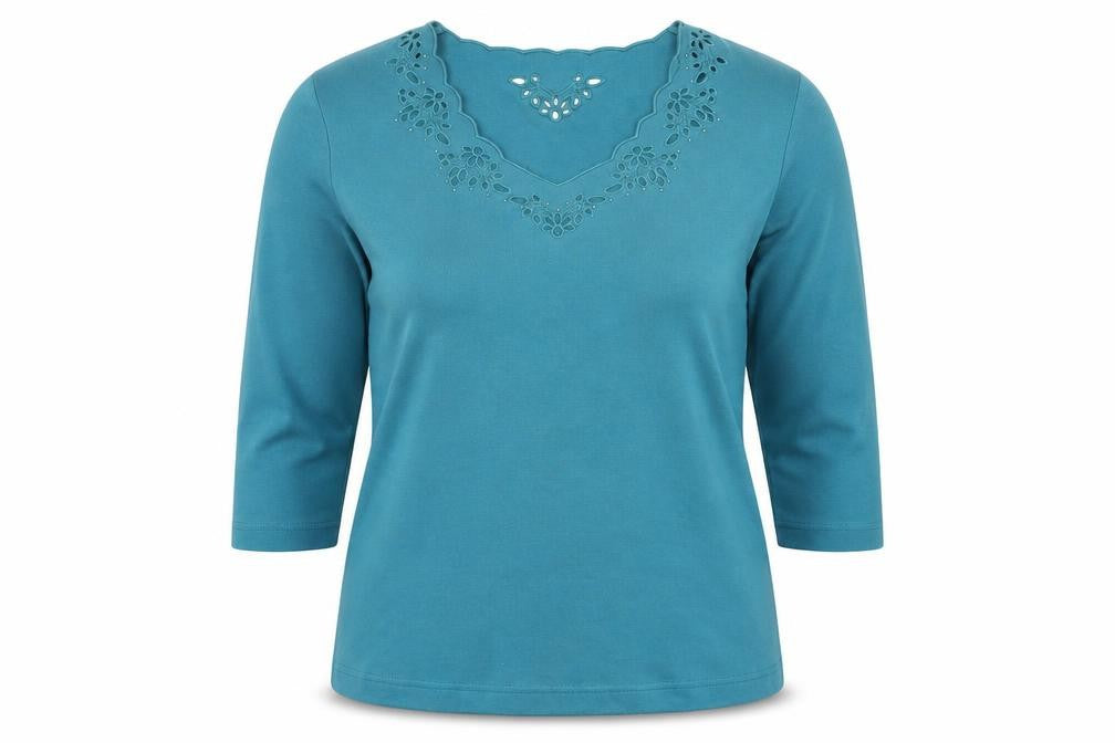 Front view of Dash Women’s Blue V-Neck Embroidered 3/4 Sleeve jumper, size UK 14