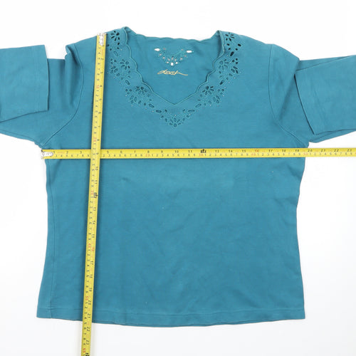 Dash Women’s Blue V-Neck Embroidered 3/4 Sleeve Pullover Jumper Size 14