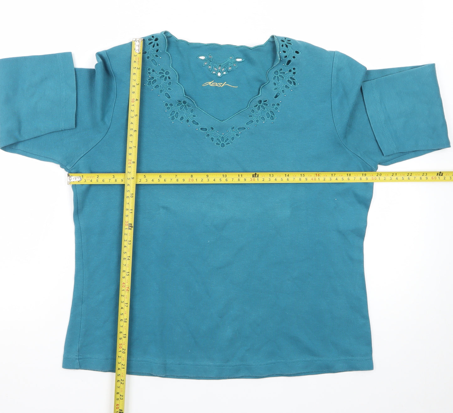 Dash Women’s Blue V-Neck Embroidered 3/4 Sleeve Pullover Jumper Size 14