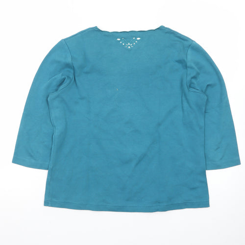 Dash Women’s Blue V-Neck Embroidered 3/4 Sleeve Pullover Jumper Size 14