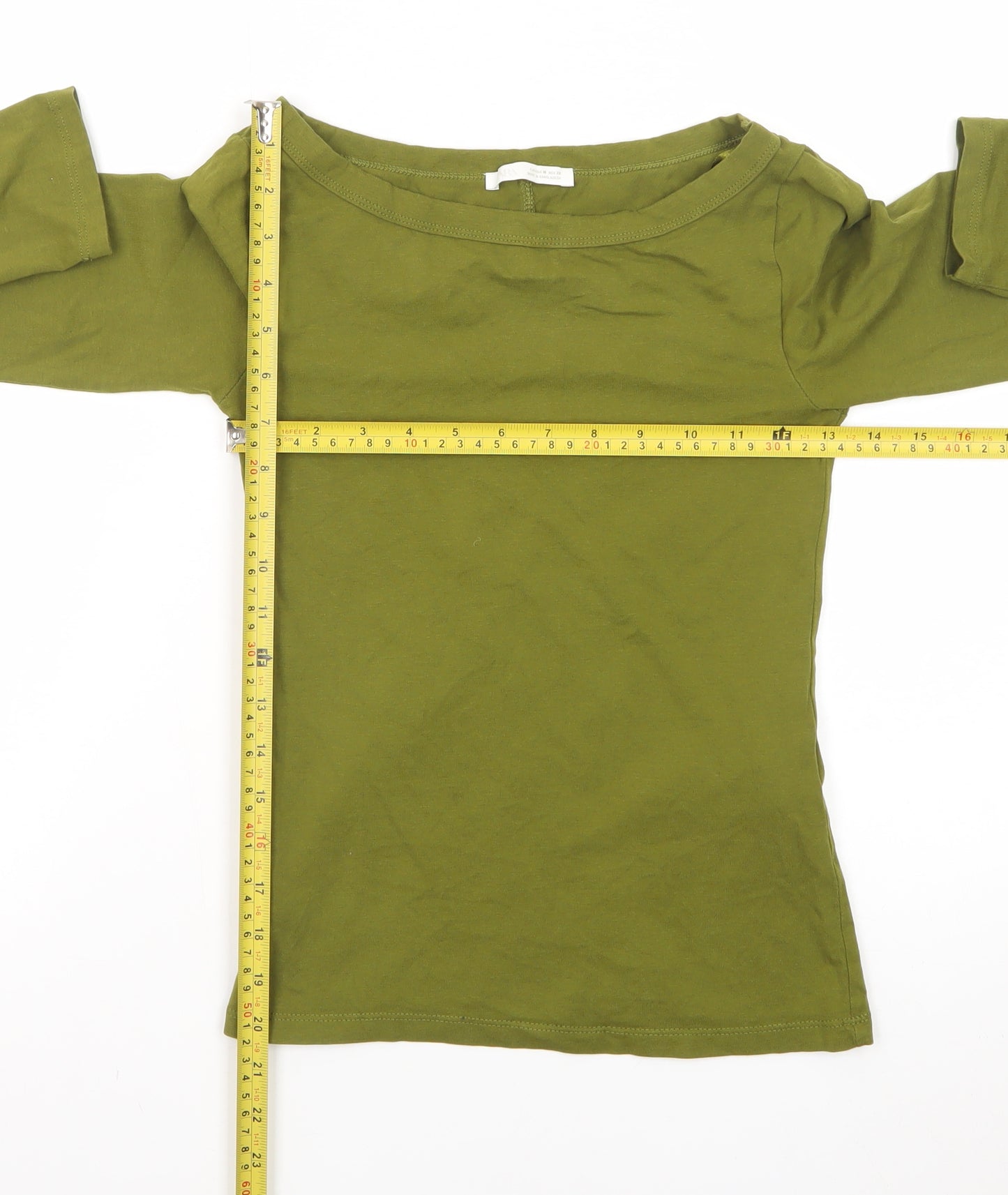 Zara Women's Green Long Sleeve Cotton Basic T-Shirt Size M