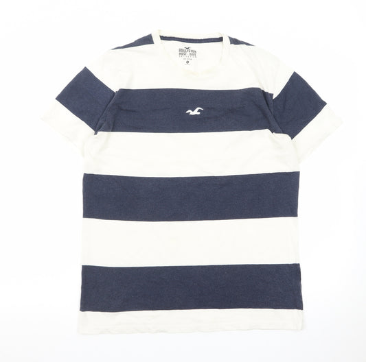 Hollister Men's Blue & White Striped Crew Neck Cotton T-Shirt Size M