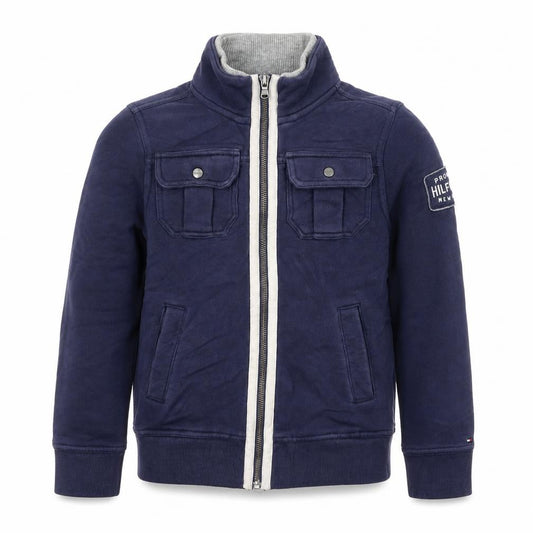 Front view of Tommy Hilfiger boys’ navy blue zip up hoodie jacket, size 8-10, years