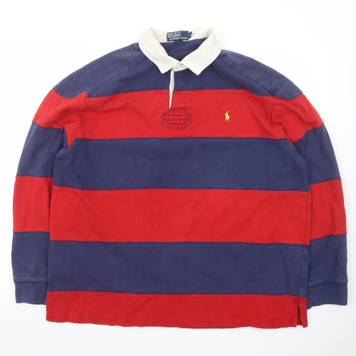 Ralph Lauren Men's XL Red Navy Striped Long Sleeve Rugby Polo Shirt