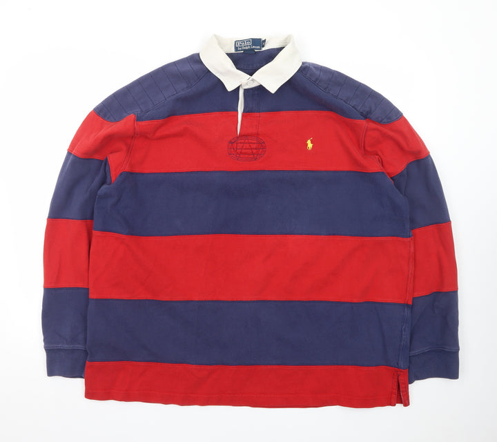 Ralph Lauren Men's XL Red Navy Striped Long Sleeve Rugby Polo Shirt