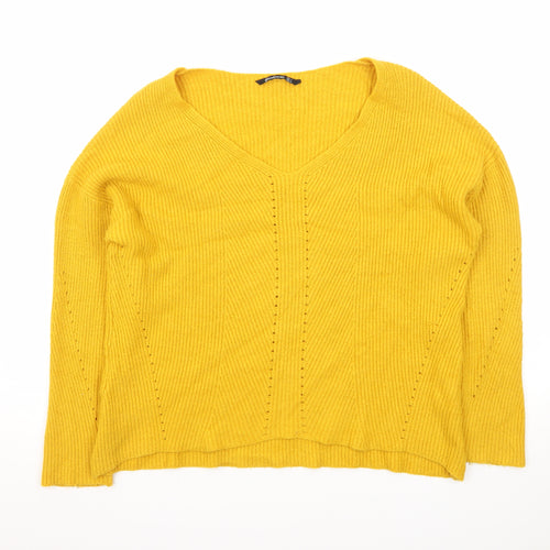 Stradivarius Women Yellow V-Neck Ribbed Knit Jumper Size 8