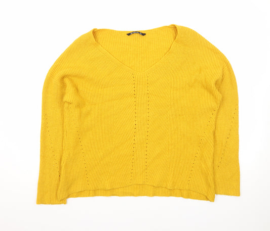 Stradivarius Women Yellow V-Neck Ribbed Knit Jumper Size 8