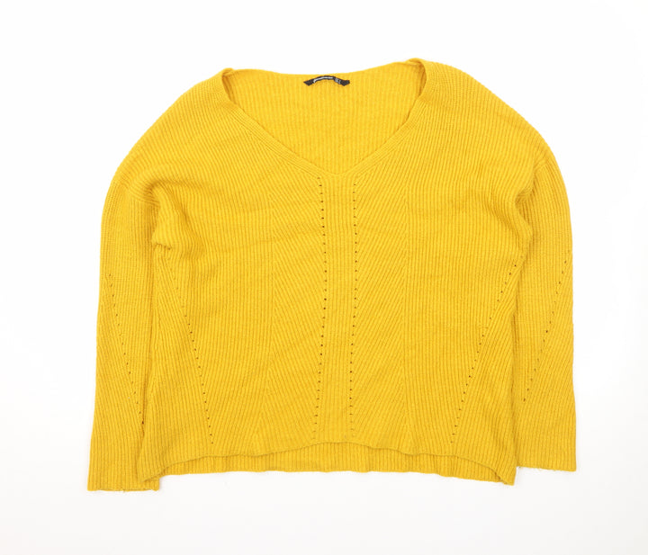 Stradivarius Women Yellow V-Neck Ribbed Knit Jumper Size 8