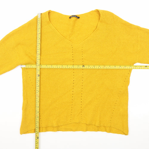 Stradivarius Women Yellow V-Neck Ribbed Knit Jumper Size 8