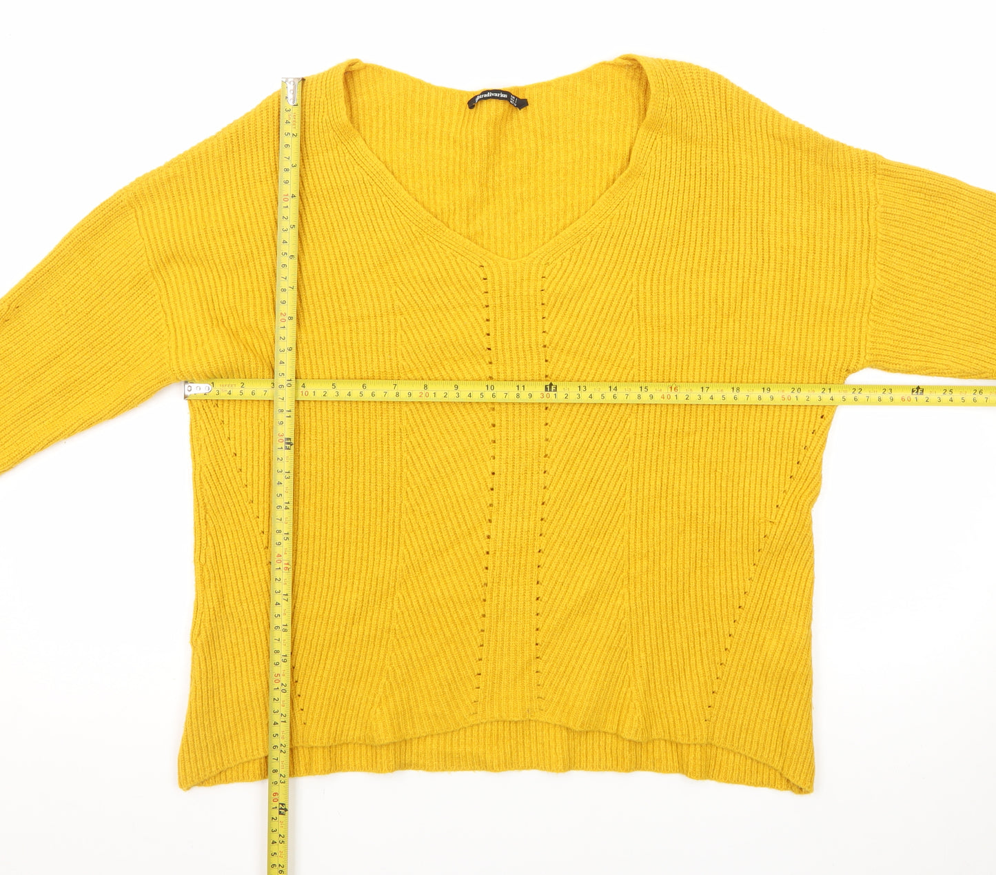 Stradivarius Women Yellow V-Neck Ribbed Knit Jumper Size 8