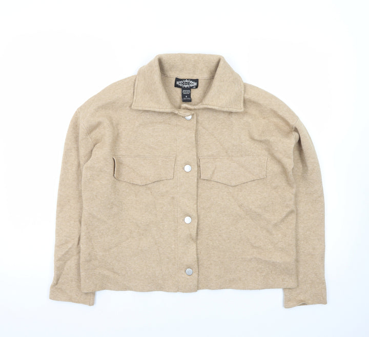 Oliver O Womens Beige Collared Knit Cardigan Small