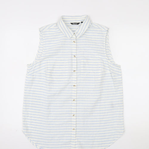 Rohan Womens White Blue Striped Linen Blend Sleeveless Button-Up Shirt Size 14