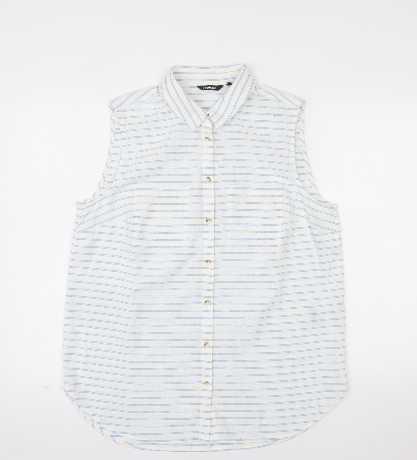 Rohan Womens White Blue Striped Linen Blend Sleeveless Button-Up Shirt Size 14