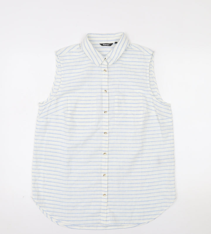 Rohan Womens White Blue Striped Linen Blend Sleeveless Button-Up Shirt Size 14