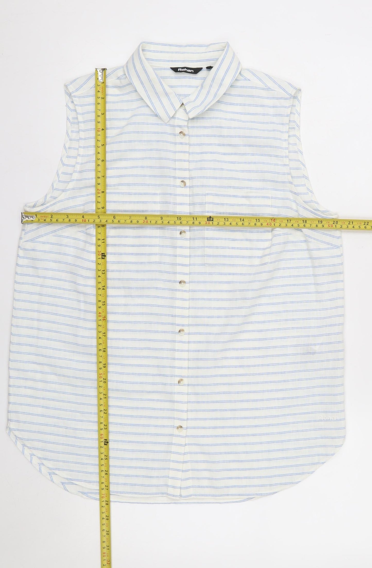 Rohan Womens White Blue Striped Linen Blend Sleeveless Button-Up Shirt Size 14