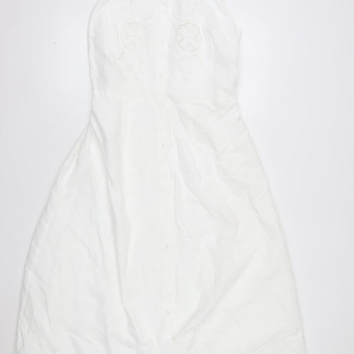 Marks and Spencer Women’s White Linen Cotton Embroidered Shirt Dress Size 12 Tall