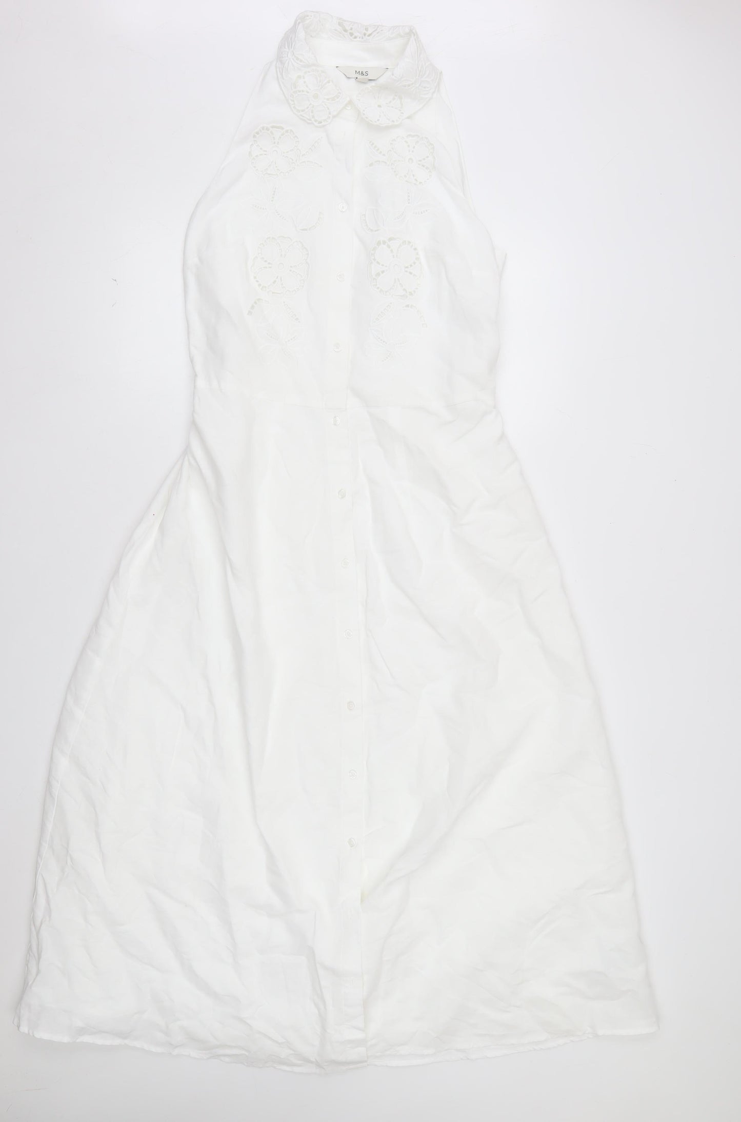 Marks and Spencer Women’s White Linen Cotton Embroidered Shirt Dress Size 12 Tall