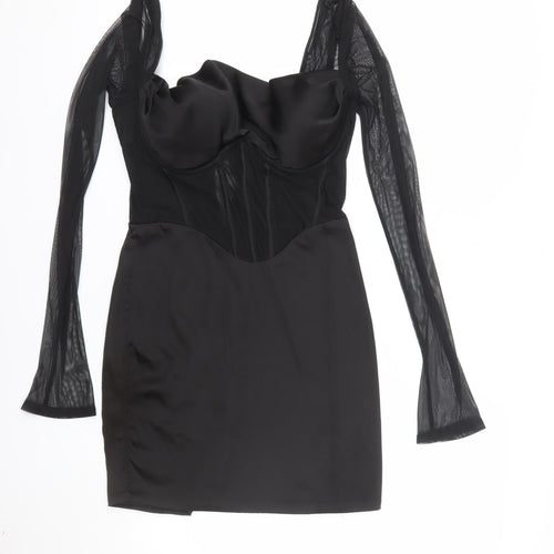 Oh Polly Women Black Bodycon Mesh Long Sleeve Short Dress UK 10