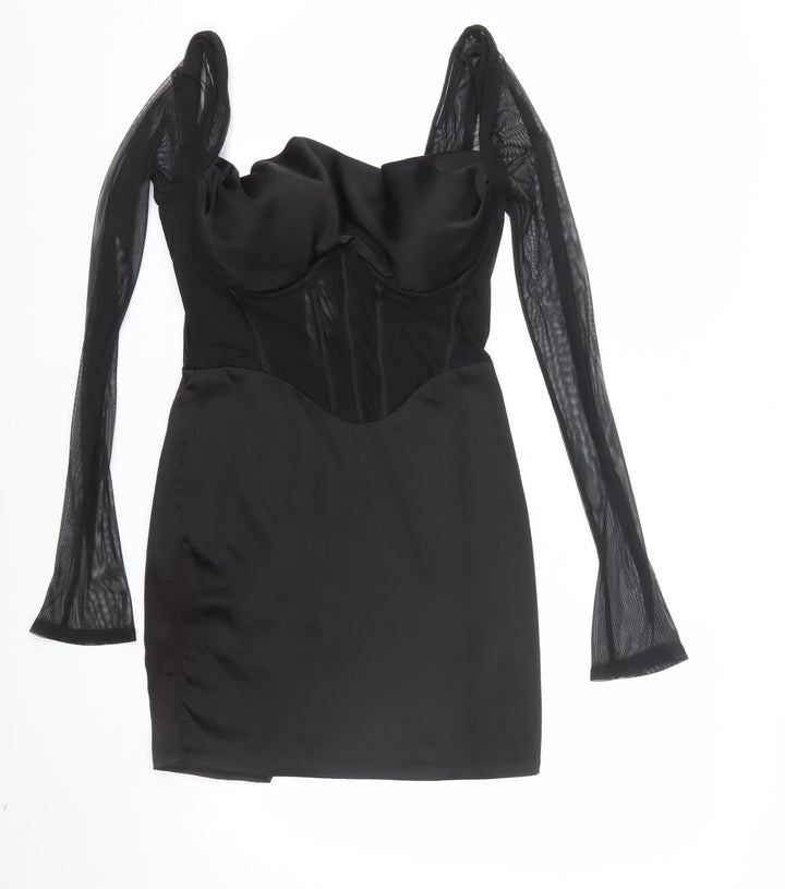 Oh Polly Women Black Bodycon Mesh Long Sleeve Short Dress UK 10