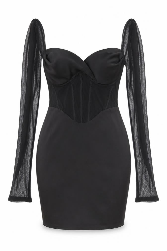 Oh Polly Women Black Bodycon Mesh Long Sleeve Short Dress UK 10