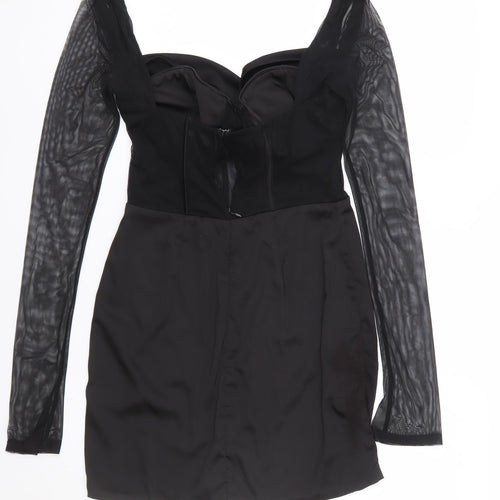 Oh Polly Women Black Bodycon Mesh Long Sleeve Short Dress UK 10