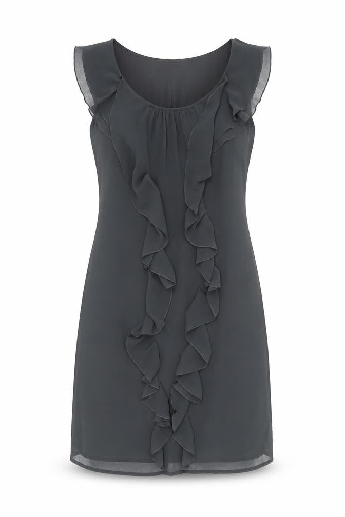 Front view of Et Vous Women Grey, size 10, Shift Ruffle Chiffon Party Dress