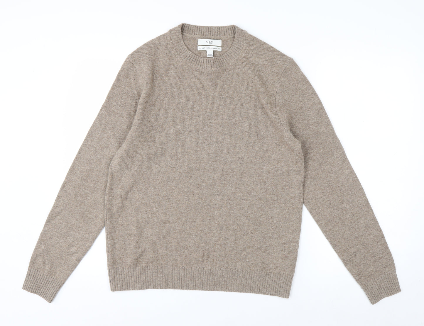 Marks and Spencer Men's Beige Lambswool Crew Neck Jumper Size S