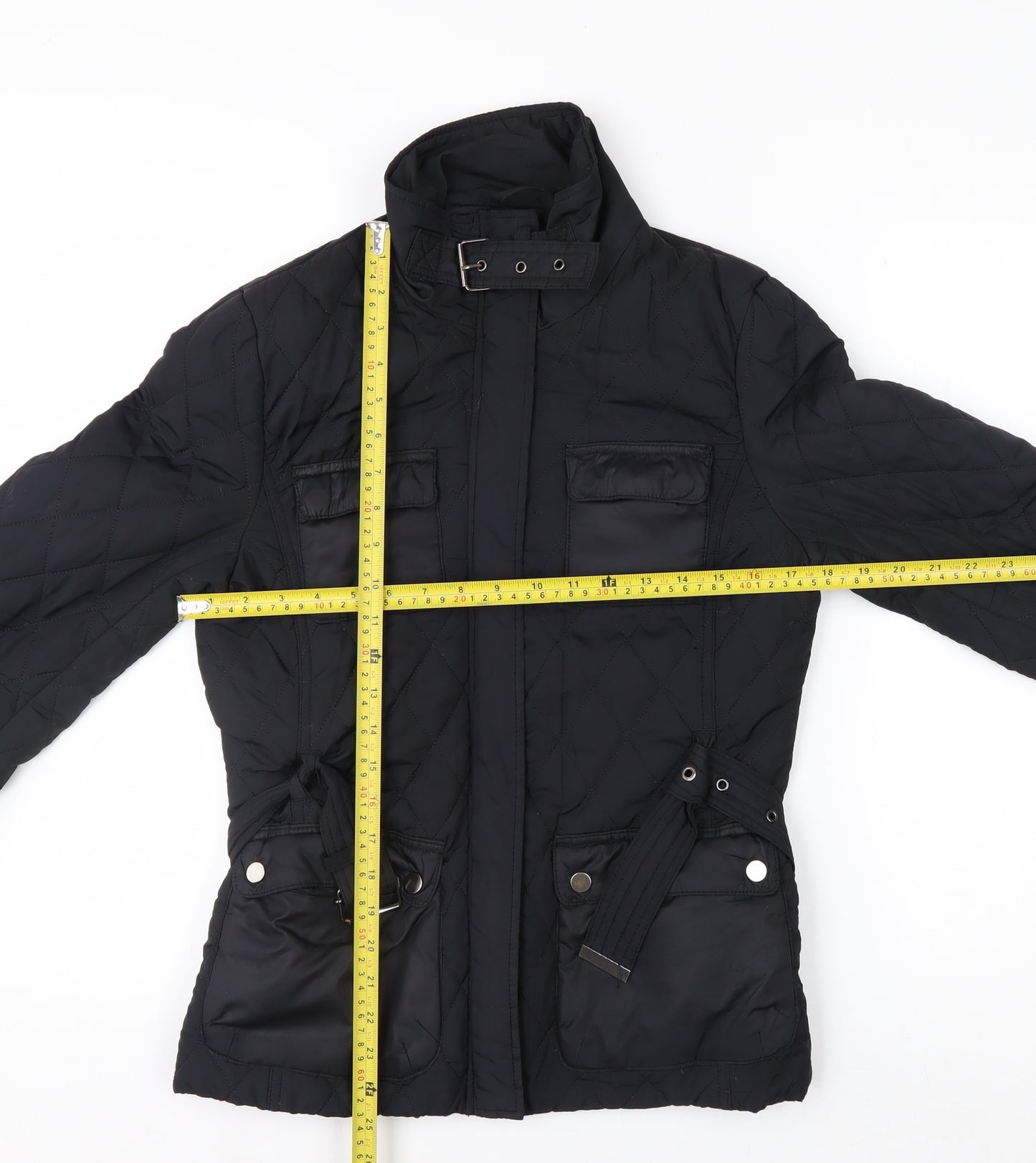 H&M Womens Black Quilted Belted Mid-Length Jacket Size 10
