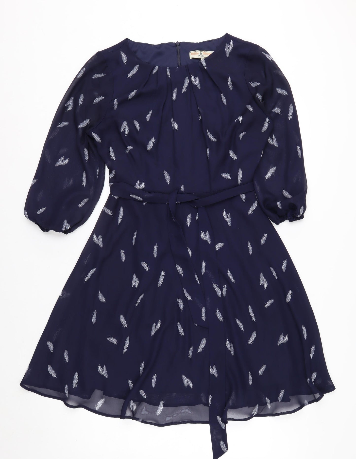 Billie & Blossom Petite Blue Feather Print Fit & Flare Dress Size 10