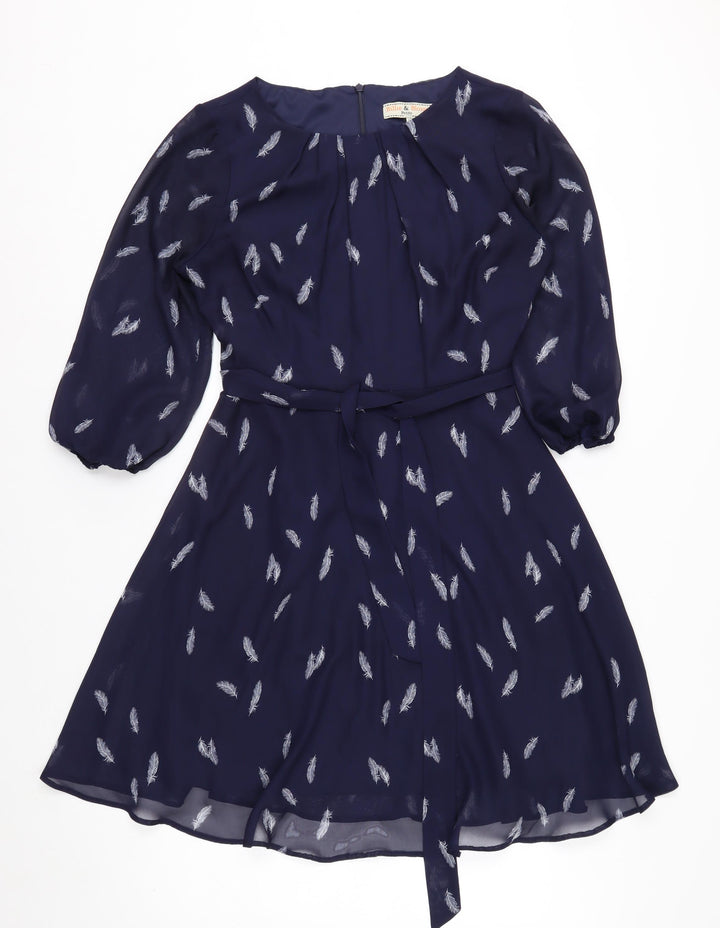 Billie & Blossom Petite Blue Feather Print Fit & Flare Dress Size 10