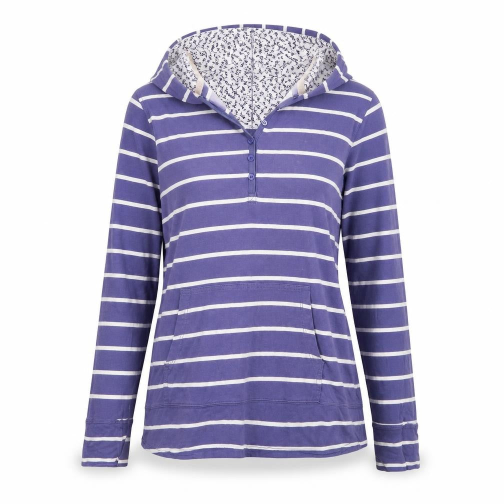 Front view of One Earth Women’s Blue Striped Pullover Hoodie, size UK 14, Cotton