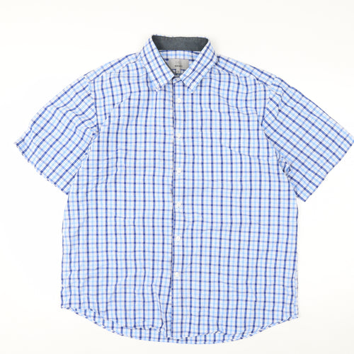 Marks and Spencer Men's Blue Checked Short Sleeve Regular Fit Cotton Shirt Size L