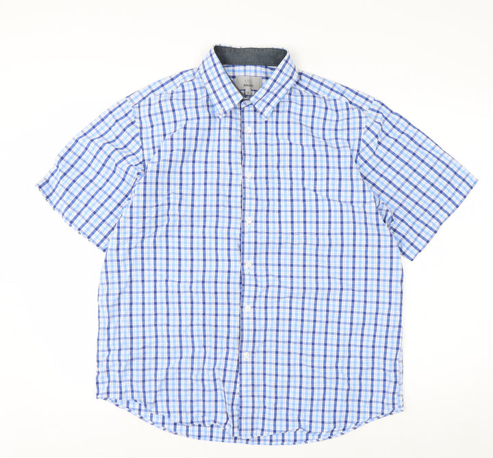Marks and Spencer Men's Blue Checked Short Sleeve Regular Fit Cotton Shirt Size L