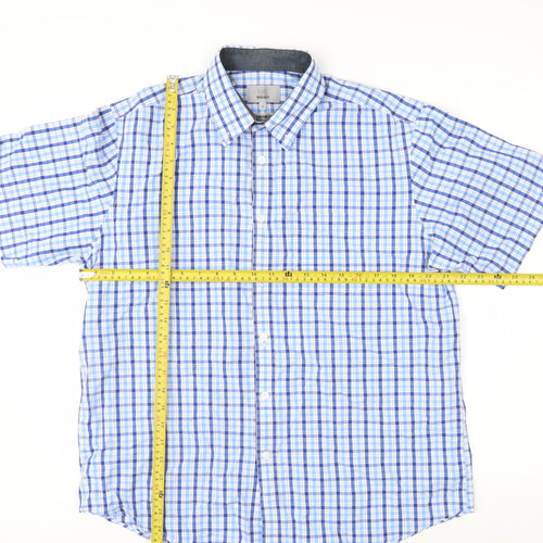 Marks and Spencer Men's Blue Checked Short Sleeve Regular Fit Cotton Shirt Size L