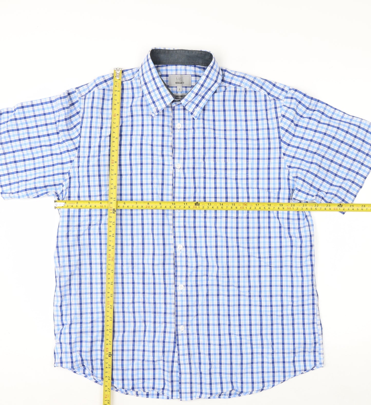 Marks and Spencer Men's Blue Checked Short Sleeve Regular Fit Cotton Shirt Size L