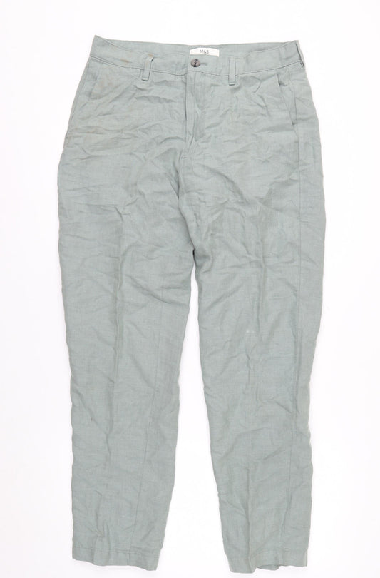 Marks and Spencer Men's Green Linen Blend Chino Trousers 32W 31L