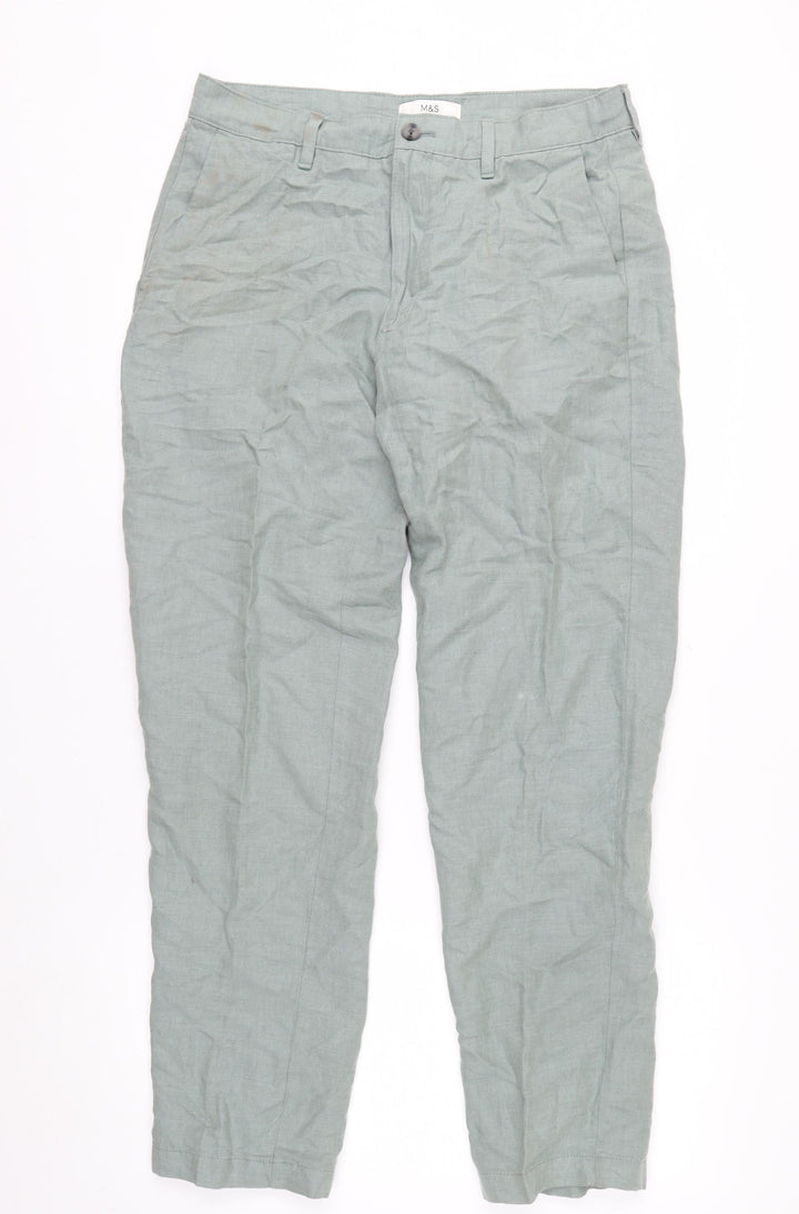 Marks and Spencer Men's Green Linen Blend Chino Trousers 32W 31L