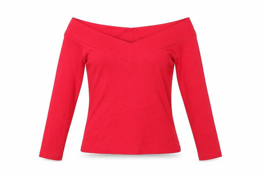 Front view of Karen Millen Women's Red Off Shoulder Long Sleeve Slim Fit Jersey Top, size 12
