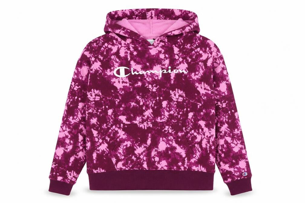 Front view of Champion women’s purple tie dye pullover hoodie medium