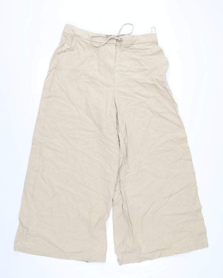 Marks and Spencer Women's Beige Wide-Leg Cropped Drawstring Trousers Size 14