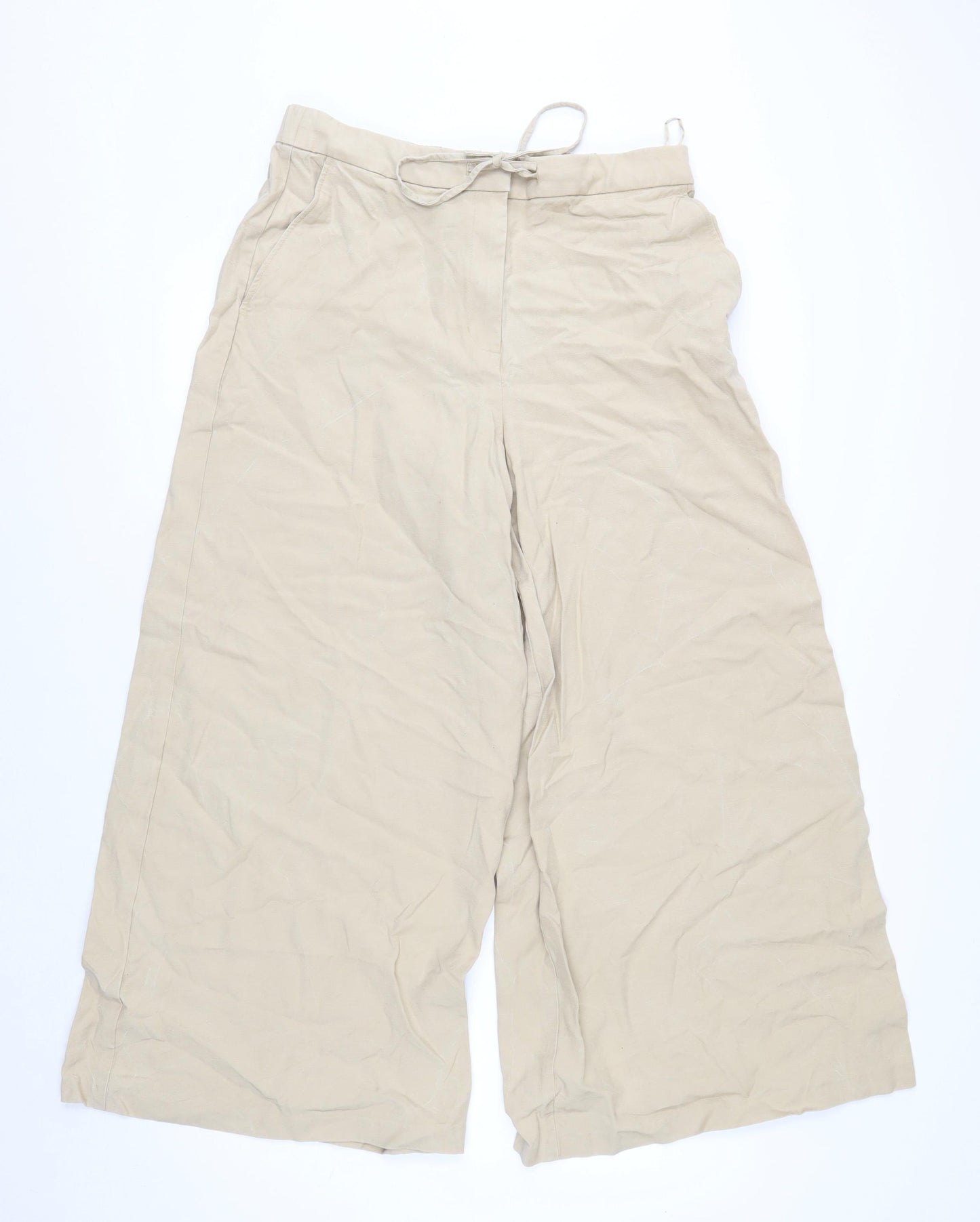 Marks and Spencer Women's Beige Wide-Leg Cropped Drawstring Trousers Size 14