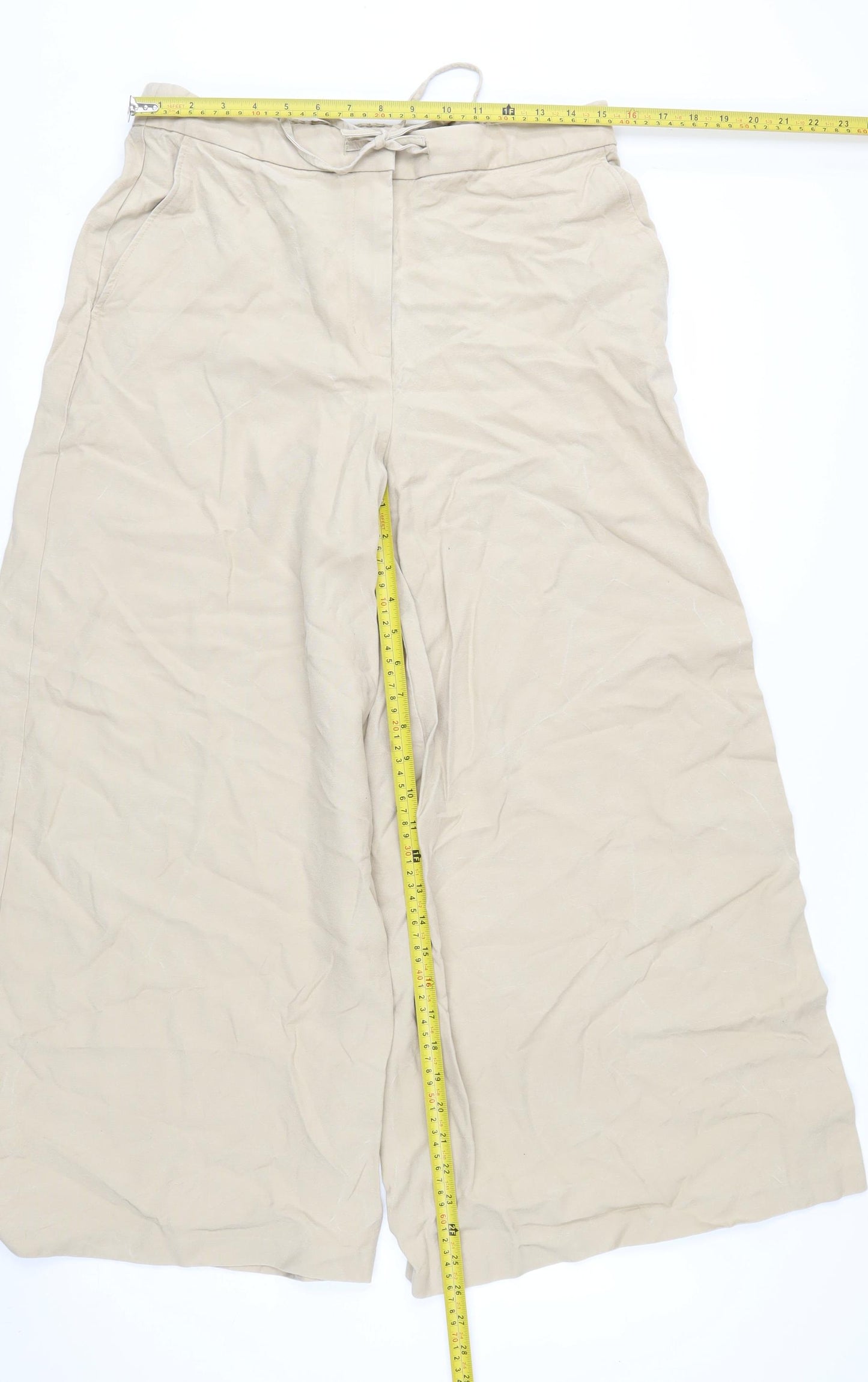 Marks and Spencer Women's Beige Wide-Leg Cropped Drawstring Trousers Size 14