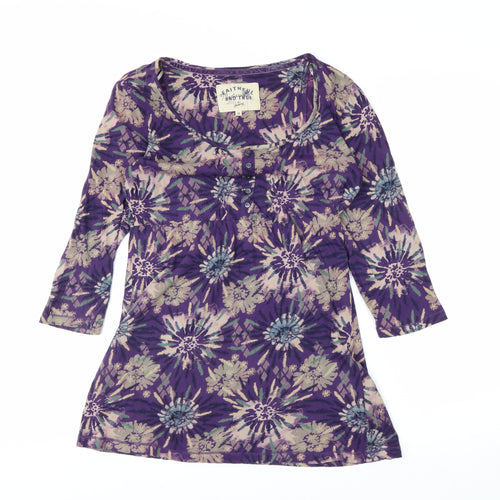 Mantaray Women's Purple Floral 3/4 Sleeve Cotton Tunic Top Size 10