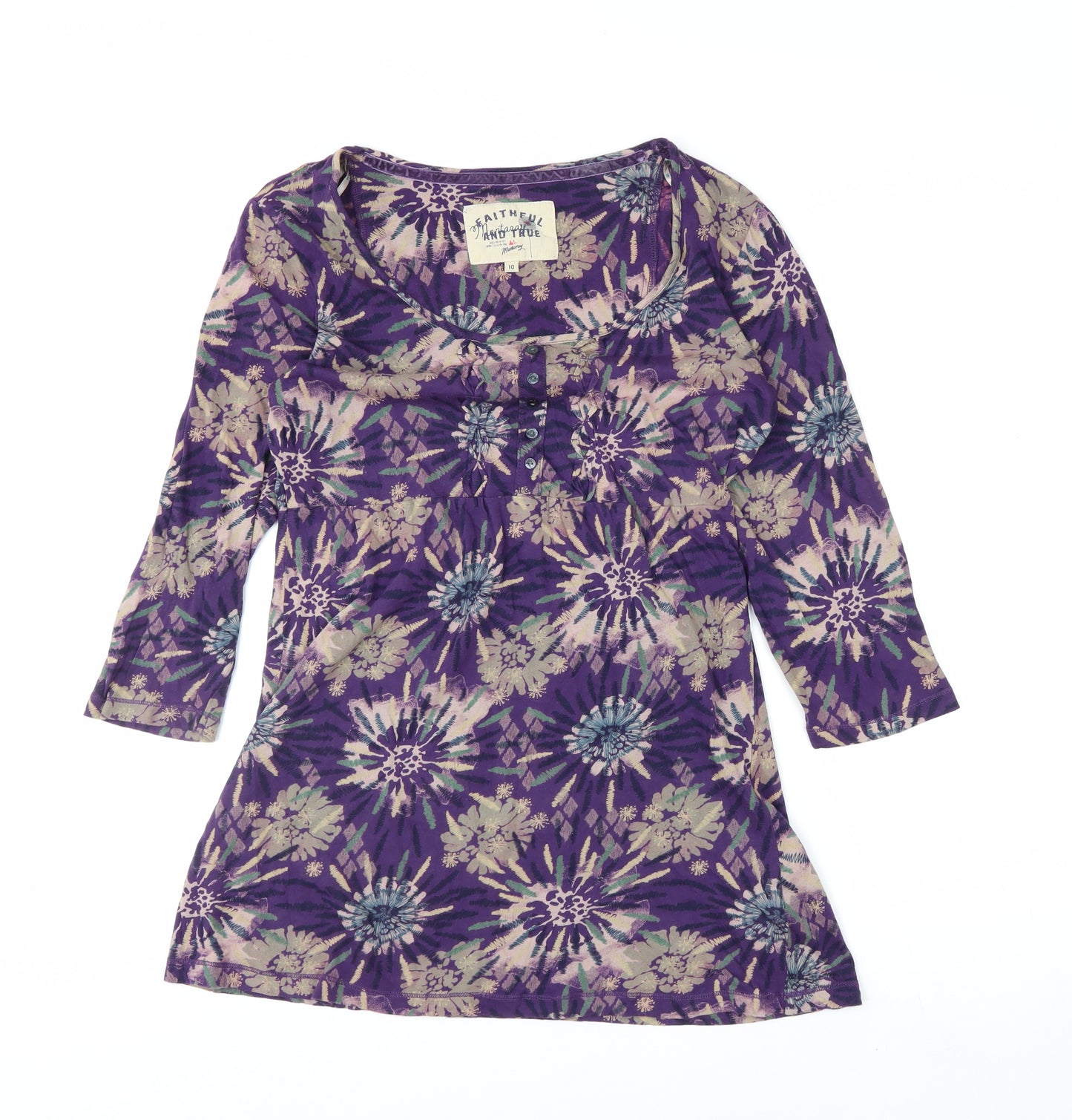Mantaray Women's Purple Floral 3/4 Sleeve Cotton Tunic Top Size 10