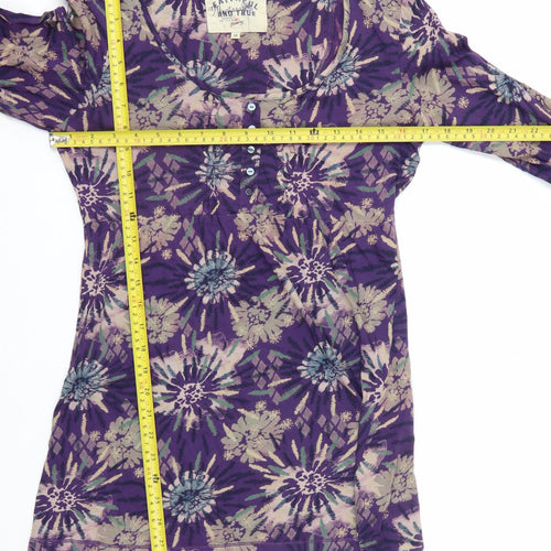 Mantaray Women's Purple Floral 3/4 Sleeve Cotton Tunic Top Size 10