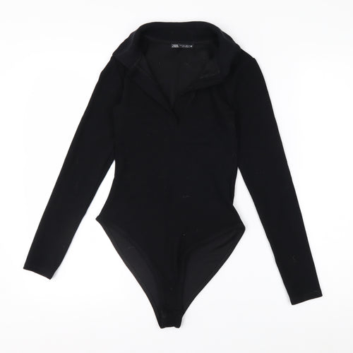 Zara Women Black Collared Long Sleeve Bodysuit Top Size S